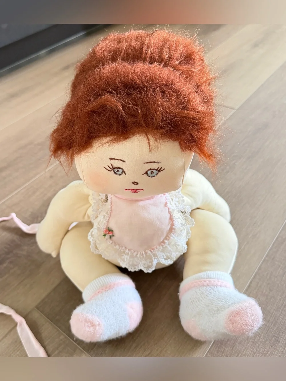 Vintage Handcrafted Soft Sculptured Old Doll Pink Dress Bonnet 21” Socks Daddy